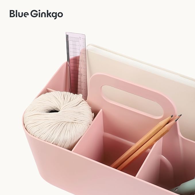 BLUE GINKGO Stackable Organizer Caddy – Korean-Made Portable Tote for Bathroom, Office, Crafts, or School Supplies (Rectangle, Pink)