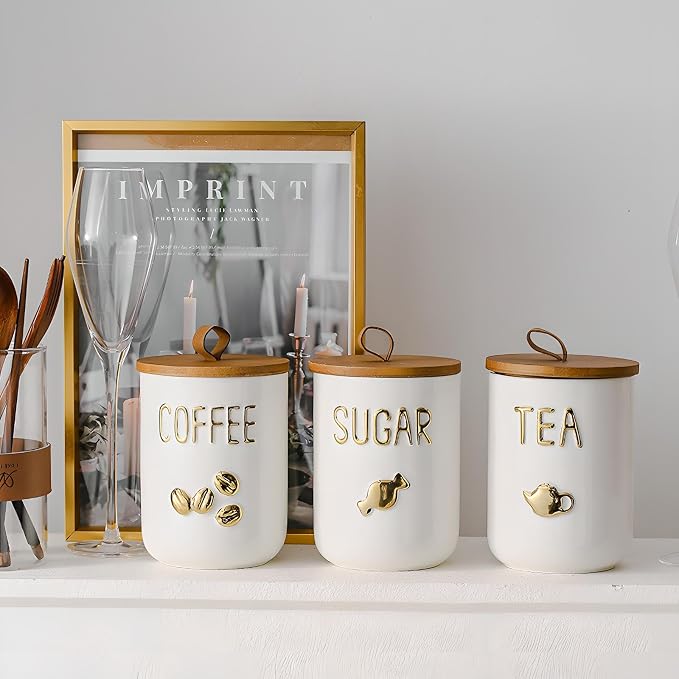 YYW Kitchen Canisters for Countertop, White Airtight Ceramic Canister with Seal Wooden Lid Storage Container for Coffee Bean Ground Coffee Sugar and Tea (White(coffee))