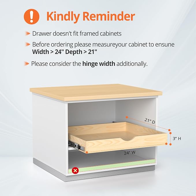 ZOINLIY 24''W X 21''D X 3''H Wooden Pull Out Drawer for Cabinet, Cabinet Organizer for Kitchen, Soft Close Slide Out Shelves, Heavy Duty, Full-Extension