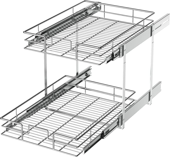 LOVMOR 2 Tier Individual Pull Out Cabinet Organizer 15½" W x 21½" D, Slide Out Kitchen Cabinet Storage Sliding Shelves