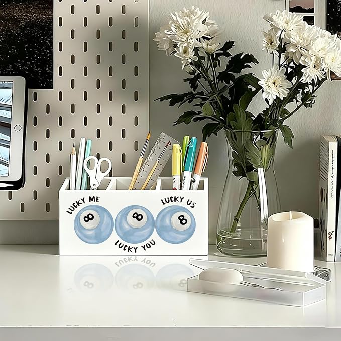 Trendy Preppy Light Blue Pen Pencil Holder for Desk, Girly Office Decor, Retro Lucky 8 Ball Wooden Box Sign Decorations for Girly Room Bedroom Dorm Office Desk Tabletop