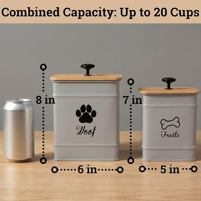 Dog Treat Container Airtight Set of 2 - 8x6 & 7x5 inch Iron Dog Treat Jars for Kitchen Counter with Airtight Bamboo Lids - 20 Cup Capacity Pet Treat Container Set - Doggie Cookie Jar - Treats Canister
