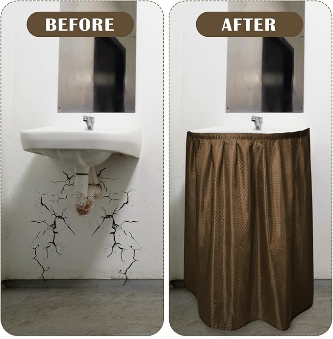 Fabric Sink Skirt Diamond Bathroom Stitch Self Stick Adhesive Waterproof Fabric Under Sink Curtain Skirt 55 x 32 Inch Adds Bathroom Storage(Khaki,Fashion Style)