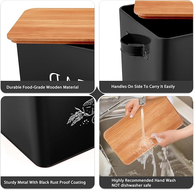 TeamFar Bread Box with Wooden Lid, 13.1” x 7.2” x 9.7” Metal Bread Container Storage Holder for Family Farmhouse Kitchen Countertop, Powder-Coated & Healthy, Large Capacity & Classic Pattern (Black)