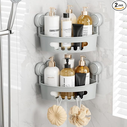 TAILI Corner Shower Caddy Organizer, Plastic Shower Caddy Suction Cup Bathroom Organizer Storage Basket Wall Mounted Organizers For Shampoo, Conditioner, Drill-Free Removable (2 Pack)