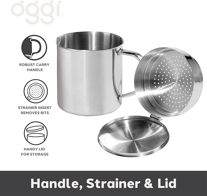 OGGI Stainless Steel Grease Container with Handle, Removable Strainer and Flip Top Lid. Perfect container for fryer oil, bacon drippings, lard and ghee oil. Can capacity - 0.25 Gall / 1 Qt / 0.95 Lt