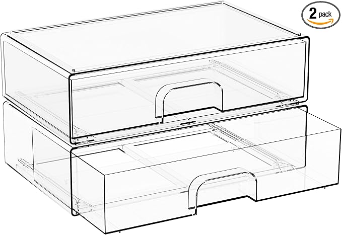 2 Pack Acrylic Drawer Organizer,12.2''W Clear Stackable Storage Drawers,Acrylic Boxes for Storage Makeup Palettes,Cosmetics,Pull Out Bathroom Storage Bins for Hair Products,Medicine Cabinet Organizer