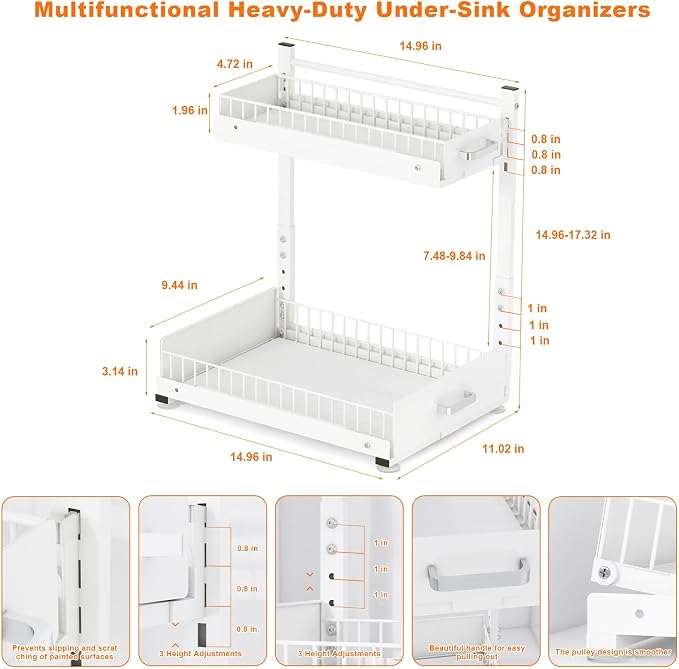 Under Sink Organizer, 2 Tier Slide Out Cabinet Organizer with Pulley, Height Adjustable Pull Out Shelf for Kitchen, Bathroom, Laundry and Utility Storage, White, 1 Pack