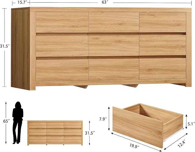 TEENFON 63" Dresser for Bedroom with 9 Drawers, Modern Dressers & Chests of Drawers with Metal Handles, Wooden Dresser TV Stand, Bedroom Dressers, for Bedroom, Hallway, Natural