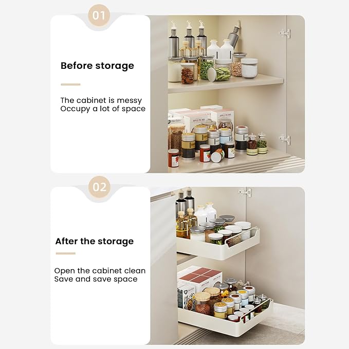 Pull-Out Cabinet Slide-Out Drawer Storage Shelf for Kitchen Cupboards Roll-Out Sliding Tray Easy No-Drill Installation Space-Saving Storage Solution