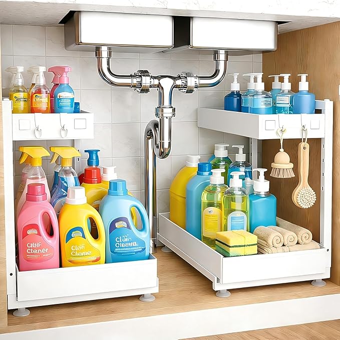Under Sink Organizer, 2 Pack 2 Tier Metal Under Cabinet Storage with Height-adjustable Shelf and Pull out Rack for Pantry Vanity Cupboard Counter Countertop Bathroom Kitchen