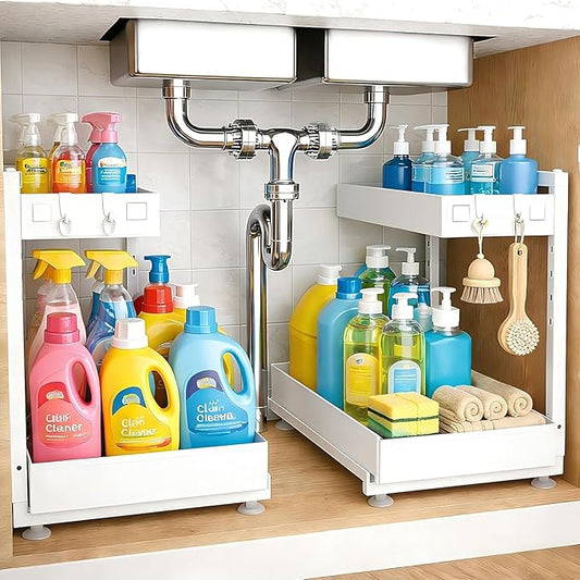 Under Sink Organizer, 2 Pack 2 Tier Metal Under Cabinet Storage with Height-adjustable Shelf and Pull out Rack for Pantry Vanity Cupboard Counter Countertop Bathroom Kitchen