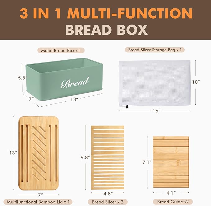 RYTOXILO Bread Slicer with Bread Box, Green Bread Storage Container for Kitchen Countertop with Multifunction Bamboo Lid, 3 in 1 Breadbox for Loaf Slicing & Tray, Bread Holder for Kitchen Counter