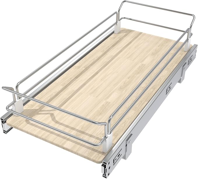Pull Out Cabinet Organizer 11" W X 22" D, Slide Out Drawers For Kitchen Organizers and Storage, Pull Out Drawers For Cabinets Capacity Heavy Duty Caddy, Cabinet Shelves Wood Chrome, Pantry Storage