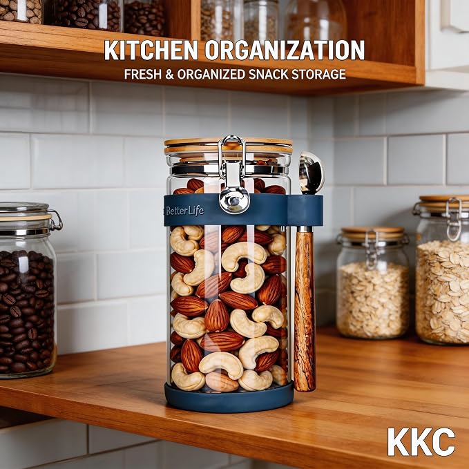 KKC 1.5-Quart Large Glass Nuts Storage Container, Airtight Food Storage Jar with Bamboo Lid & Scoop, Keeps Nuts Crunchy & Fresh, Perfect for Pantry Organization & Storing Nuts, Almonds, Peanuts