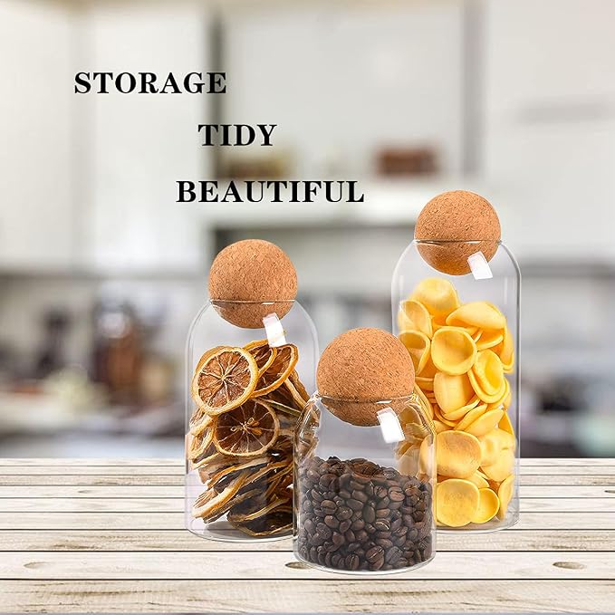 AEFPOYMXU 3 Pcs Glass Jars with Cork Ball Lid Set Kitchen Food Terrarium Airtight Clear Storage Canisters with Wooden Lids for Cookie Candy Coffee Bean Spice Sugar Rice
