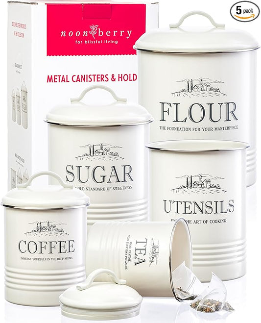 noonberry Kitchen Canisters for Countertop – 5-Piece Airtight Flour Sugar Coffee Tea Kitchen Canister Set with Utensil Holder – Sugar and Flour Containers for Kitchen Counter, Cream-White Finish