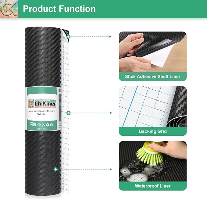 Self-Adhesive Shelf Liner Kitchen Liner, Waterproof Backed Paper Easy Peel and Stick Contact Liner Without Residue for Decor Your Desk Surface, Kitchen Countertops (Black, 17.5 x 118.1 inches)