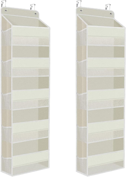 SpaceHacks 2 Pack Over The Door Organizer, Hanging Storage Organizer with Clear Window, 40lb Ultra Sturdy Large Capacity Room Organizer for Pantry Laundry Bathroom Nursery Closet (Beige)