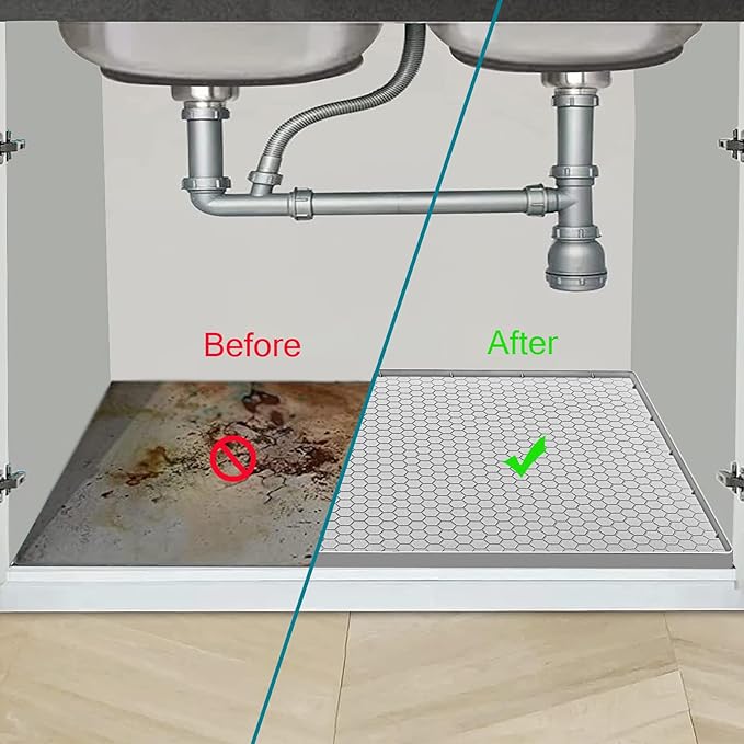 Under Sink Mat 25 x 19, Silicone Under Sink Mats for Kitchen Waterproof, Under Sink Liner, Easy to Clean Bathroom Cabinet Mat Organizers and Storage, Light Grey