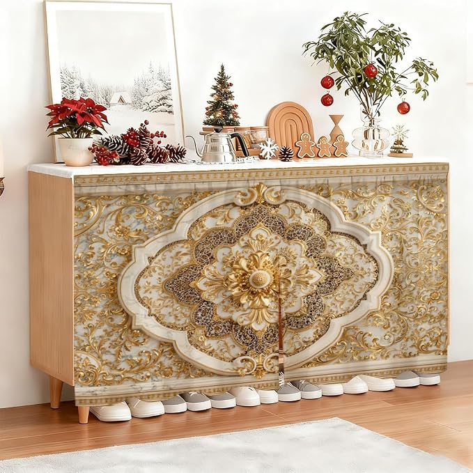 Self Adhesive Luxury Golden Baroque Cabinet Curtain for Mother's Day, 39x28 Inch Victorian Floral Under Sink Skirt No Drill, Spring Cleaning Kitchen Decor, Hook and Loop Valance