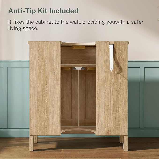 TEENFON Pedestal Sink Storage Cabinet with 2 Doors and Drawer, Bathroom Sink Cabinet with U-Shape Cut-Out, Fluted Pedestal Sink Cabinet, Natural Oak