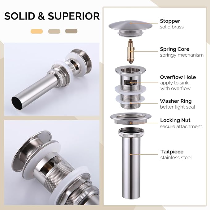 Angle Simple Bathroom Sink Drain, Brass Pop Up Drain Stopper for Vanity Sink with Overflow, Brushed Nickel