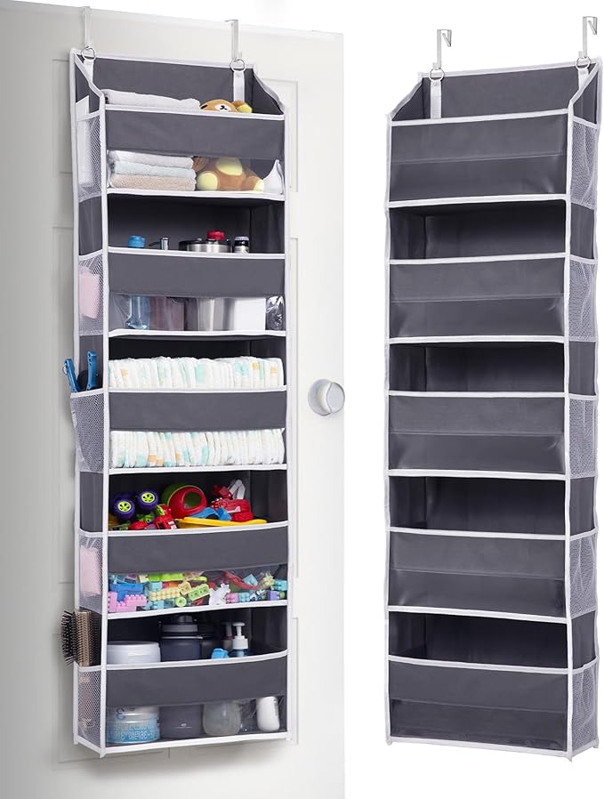 ULG 1 Pack Over Door Organizer with 5 Large and 10 Mesh Side Pockets, 44 lbs Weight Capacity Hanging Storage with Clear Window Kids Toys, Shoes, Diapers, Dark Grey, 5 Layers