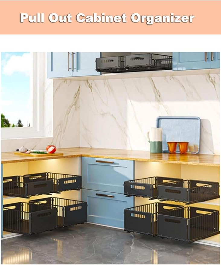 Pull Out Drawers for Cabinets Under Kitchen Sink Storage Organizer No Drill Adjustable Baskets for Cupboard Bathroom(Black-19 cm)