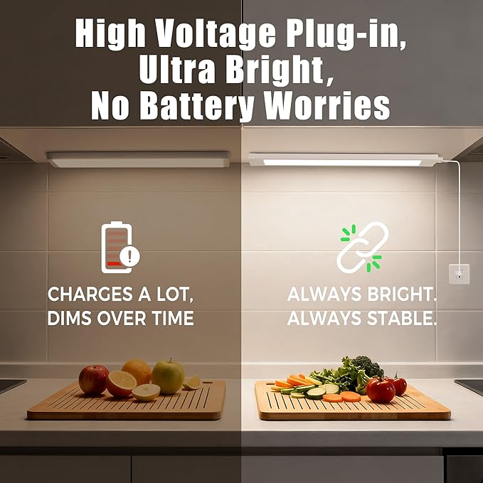 2 Pcs 14inch Plug in Under Cabinet Lighting for Kitchen, 6500k Bright White LED Under Counter Wired Lights for Shelf/Bookshelf/Workbench/Over Sink Linkable 110V LED Light Bar