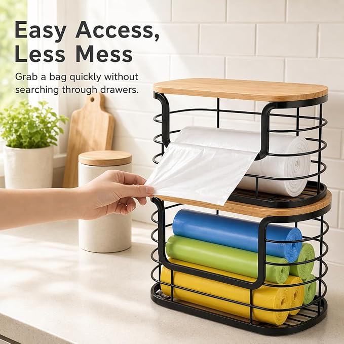 REFGY 2-Pack Multi-Purpose Trash Bag Holder & Stackable Kitchen Storage Organization Bins (11.02" x 6.69"), Protective Wire Basket with Natural Fiber Top, Versatile Garbage Bag Dispenser Under Sink