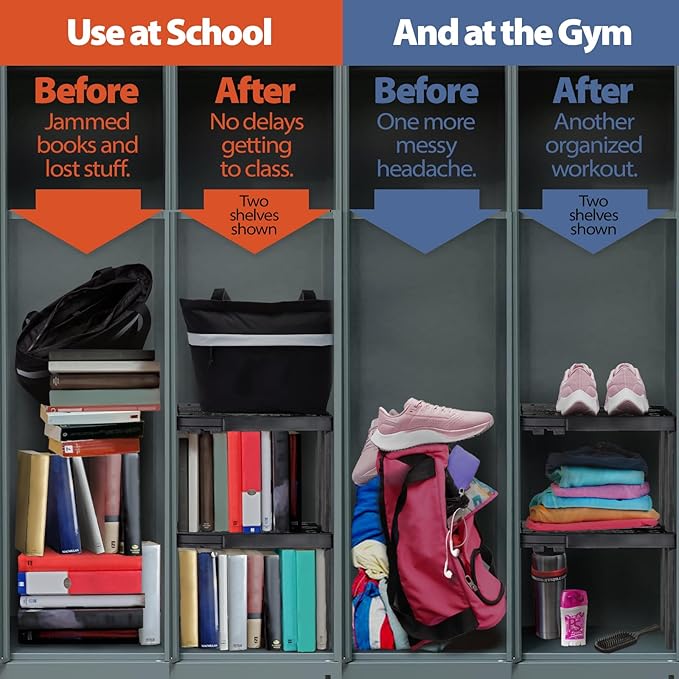 Piffny Locker Organizer Shelf， Adjustable Width and Height, Ideal Locker for School, Office, and Gym Lockers… (White 2 Pack), PLKSLF01