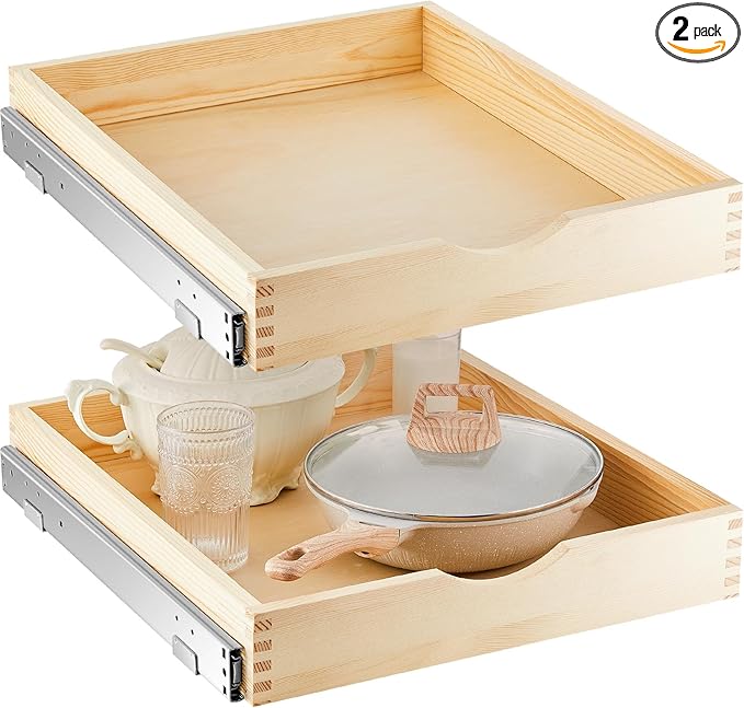 Menkxi 2 Set Wooden Pull out Cabinet Organizer Fully Assembled Slide out Pantry Drawer with Gentle Close Storage Shelf Tray for Base Kitchen Under Sink Bathroom Accessory(Wood Color,18'' X 21'' X 3'')