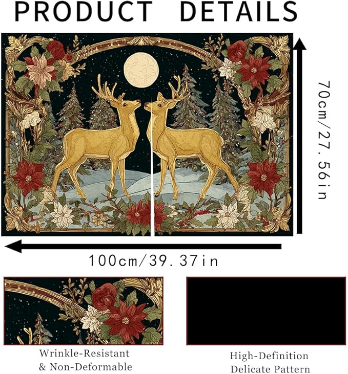Self Adhesive Golden Deer & Full Moon Cabinet Curtain for Mother's Day, 39x28 Inch Celestial Forest Under Sink Skirt No Drill, Spring Cleaning Kitchen Decor, Hook and Loop Laundry Valance