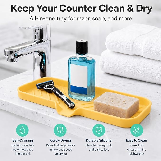 MicoYang Silicone Soap Dish with Drain Spout — Self-Draining Double Sink Organizer Tray for Kitchen & Bathroom, Dispensers, Sponges & Soap Holder, Non-Slip & Dishwasher Safe, Yellow (Large, 12"×4")