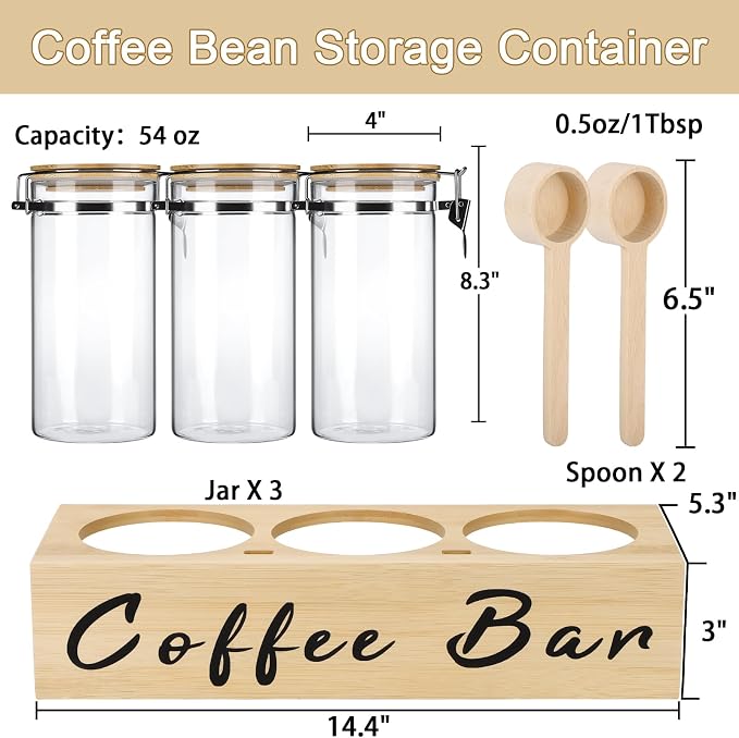 3 x 54 oz Glass Coffee Bean Storage Container with Shelf 3PCS Glass Containers with Airtight Locking Clamp Lid Spoons Coffee Canister Set Jars for Kitchen Food Storage Tea Sugar Wood