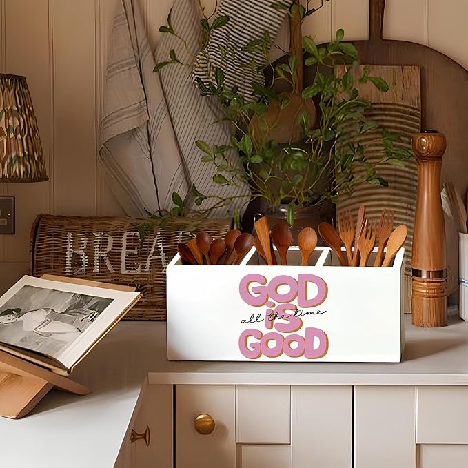 Pink Christian Pen Holder, Christian Gifts for Women Pencil Holder for Desk, God Is Good Bible Verse Preppy Wooden Box Sign Decorations for Girly Room Bedroom Dorm Desk Tabletop