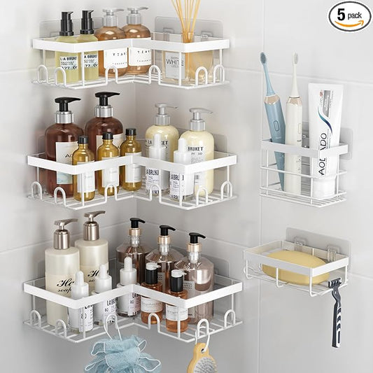 Liuoud Corner Shower Caddy 5 Pack, Rustproof Stainless Steel Shower Organizer with Soap Rack Toothbrush Holder, Large Capacity Adhesive No Drilling Bathroom Kitchen&Home Decor Set, White