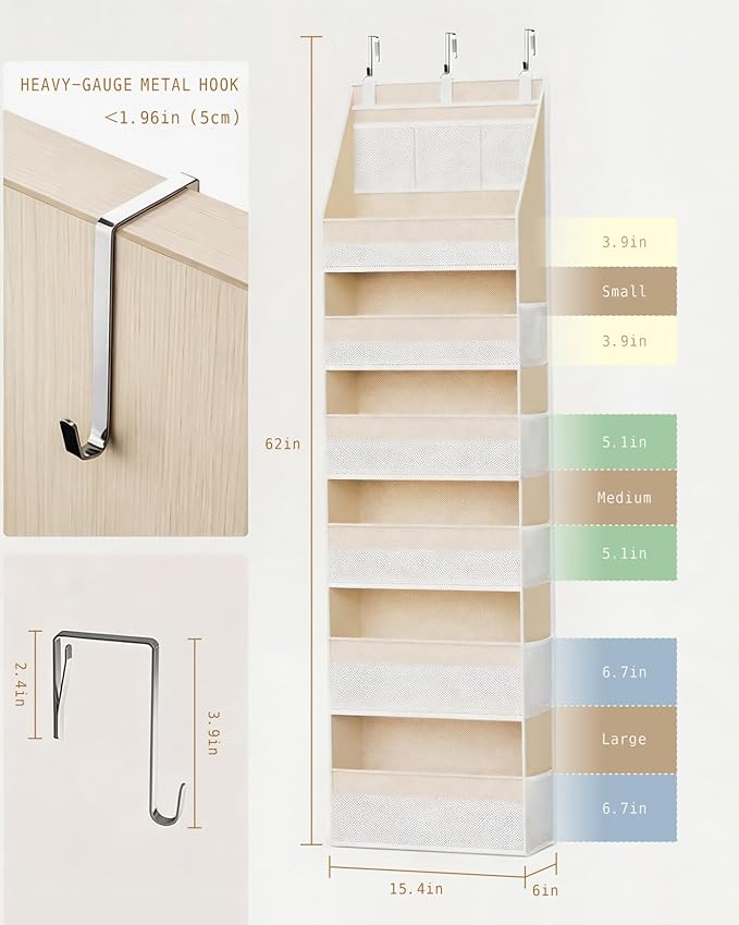 KMSCO Over The Door Organizer, 6 Large Pockets + 13 Mesh Side Pockets, Hanging Storage, 55lbs Capacity, Heavy Duty Non-Woven Fabric for Baby Nursery, Bathroom, Pantry, Closet, Beige, 2 Pack