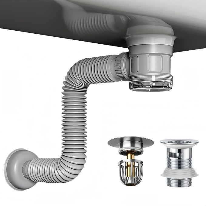 Bathroom Sink Drain Kit with Flexible Expandable Pipe: Odor-Free & Backflow-Preventing, Space-Saving Design without a P-trap, For 1-1/4'' & 1-1/2'' Drain Hole (Chrome, With Overflow)