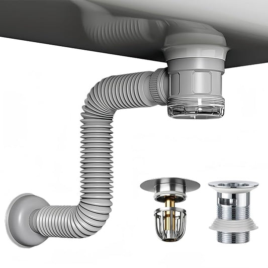 Bathroom Sink Drain Kit with Flexible Expandable Pipe: Odor-Free & Backflow-Preventing, Space-Saving Design without a P-trap, For 1-1/4'' & 1-1/2'' Drain Hole (Chrome, With Overflow)