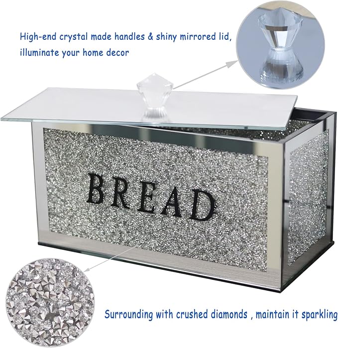 Large Crystal Glass Bread Container Box with Lid, 12.2" L x 6.3" W x 7.9" H Silver Homemade Bread Storage, Crushed Diamond Home Decor, Keep Bread Fresh Clean, Bread Bin for Kitchen Countertop