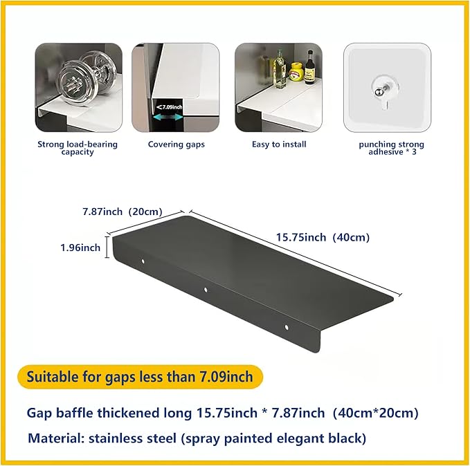 Metal Kitchen Refrigerator Gap Partition Side Panel For Crack Behind Refrigerator Kitchen Partition Panel No Drill Countertop Gap Extension Board(Black,15.75 * 7.87inch)