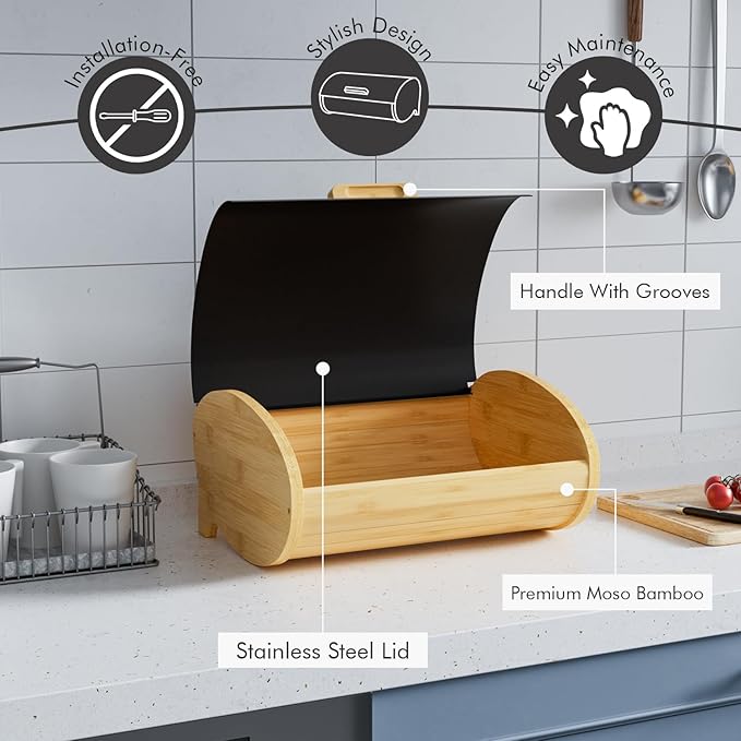 Modern Bread Box for Kitchen Countertop, Bamboo Storage Container with Stainless Steel Lid, Bread Storage Bin for Homemade Bread, Counter Organizer for Snack Tea Coffee Sugar (Black Large)