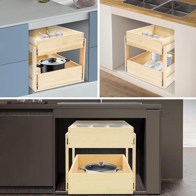 Pull out Cabinet Organizer, 2-pack, No Drill Adjustable Slide out Drawers for Kitchen,Pantry,Adhesive Roll out Shelves,for Cabinets Without Lip,White