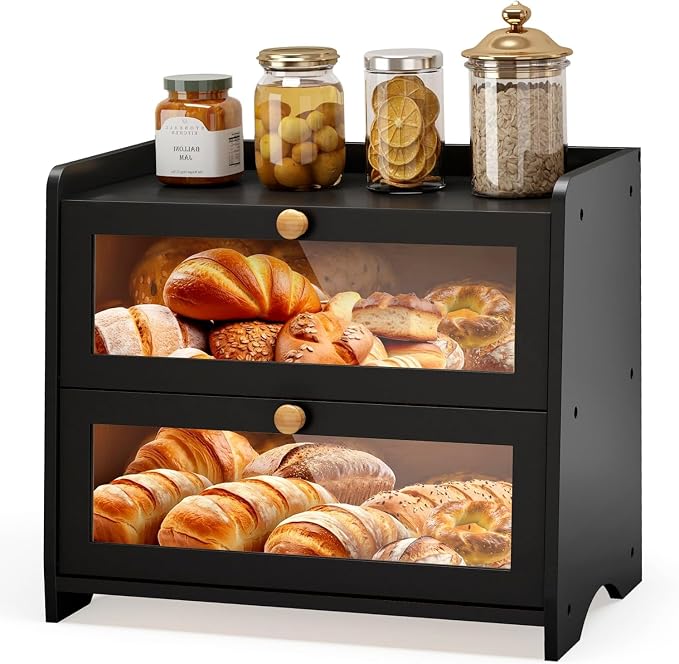 JANSNIMEN Large Bread Box for Kitchen Countertop, Double Layer Breadbox Bread Container Storage with Acrylic Door, Wooden Farmhouse Bread Holder (Black, Large-16.54" L x 9.84" W x 14.96" H)