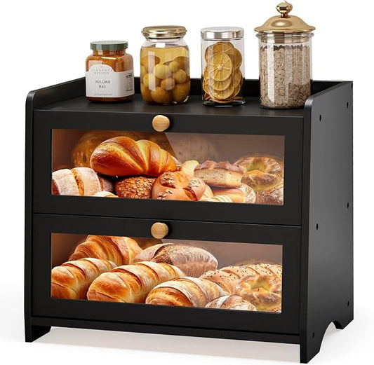 JANSNIMEN Large Bread Box for Kitchen Countertop, Double Layer Breadbox Bread Container Storage with Acrylic Door, Wooden Farmhouse Bread Holder (Black, Large-16.54" L x 9.84" W x 14.96" H)