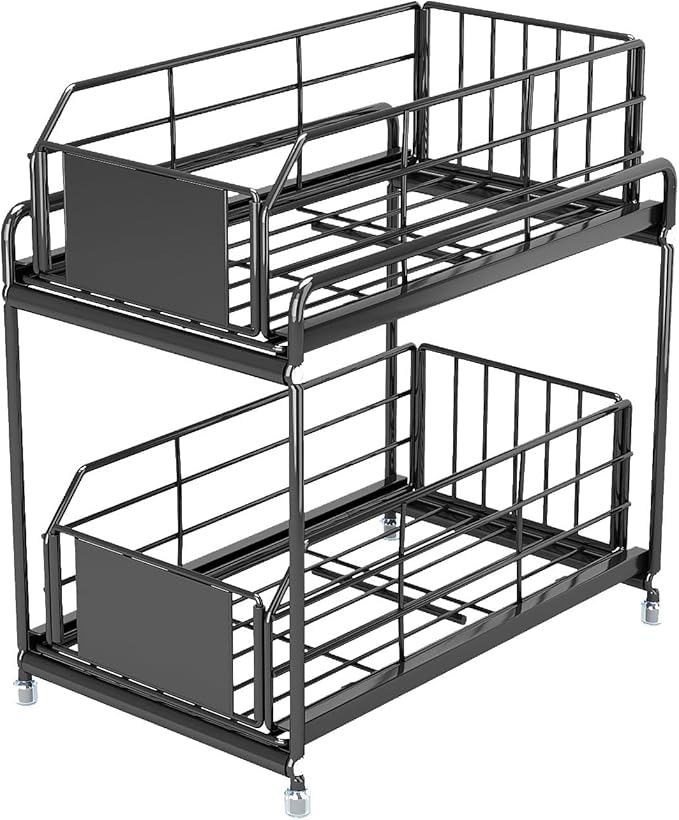 Under Sink Kitchen Storage Organizer, 2 Tier Sliding Cabinet Basket with Pull-Out Drawer, foldable Metal Under Sink Organizers for Bathroom, Pantry, Countertop, Rustproof Multi-Purpose Storage Bins