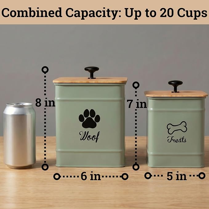 Dog Treat Container Airtight Set of 2 - 8x6 & 7x5 inch Iron Dog Treat Jars for Kitchen Counter with Airtight Bamboo Lids - 20 Cup Capacity Pet Treat Container Set - Doggie Cookie Jar - Treats Canister