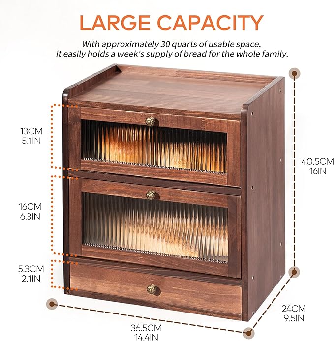 Solid Wood Bread Box for Kitchen Countertop with Drawer, 2-Tier Large Wooden Bread Storage Bin with Cutlery Organizer, Farmhouse Bread Keeper for Homemade Bread, Brown (50 Deli Papers)
